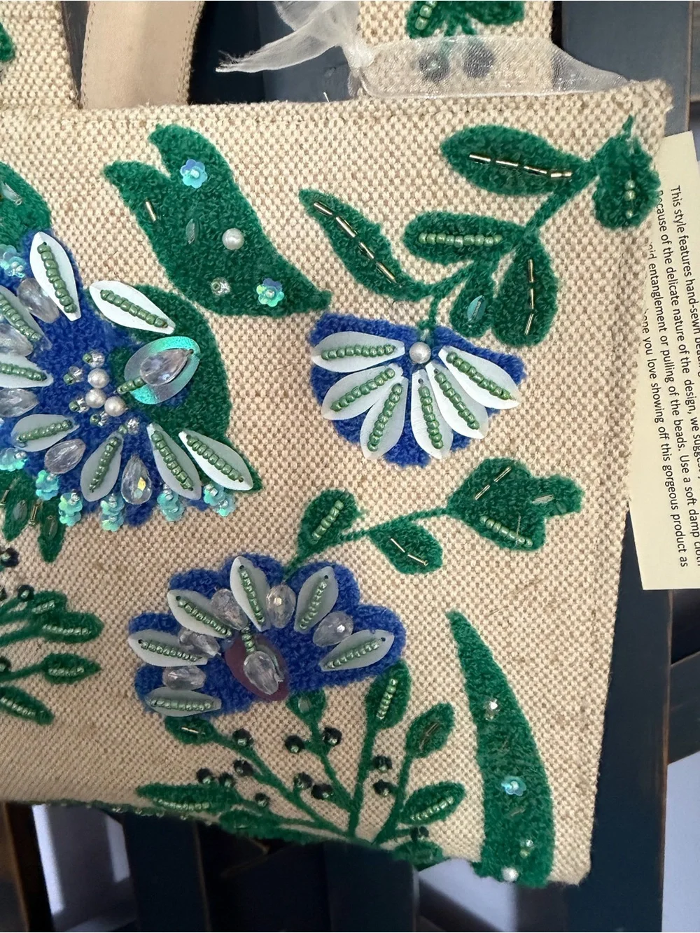 Beaded Bag Floral Embroidered Tote - Green and Blue NWT
